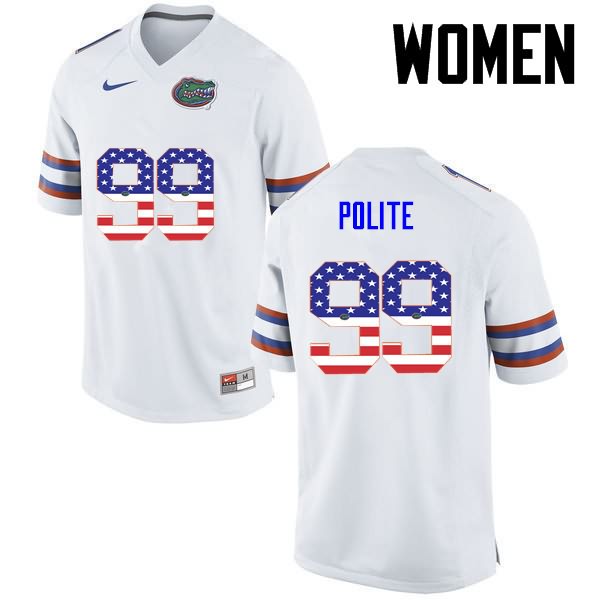 Women's NCAA Florida Gators Jachai Polite #99 Stitched Authentic USA Flag Fashion Nike White College Football Jersey EXH5565CZ